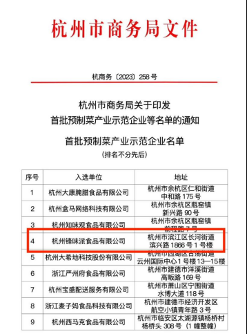 锋味派入选杭州市首批预制菜示范企业