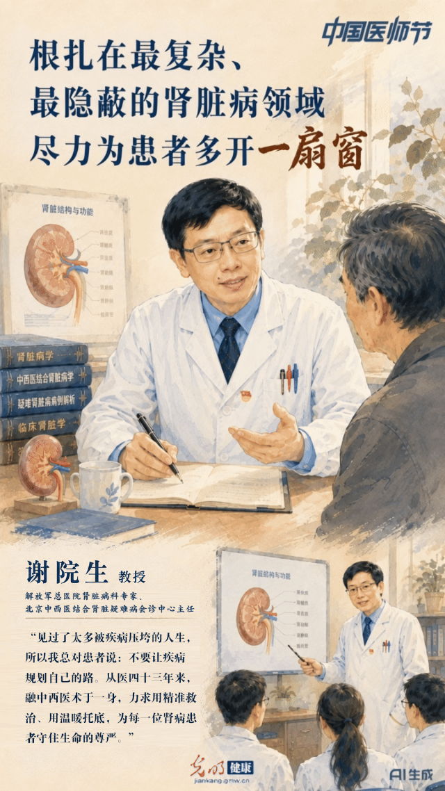 【AI海报】中国医师节|谢院生：根扎在最复杂、最隐蔽的肾脏病领域，尽力为患者多开一扇窗