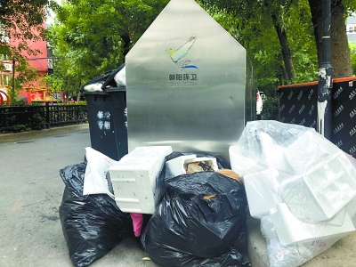 回收渠道匮乏，居民只好将泡沫塑料箱置于分类垃圾桶外。