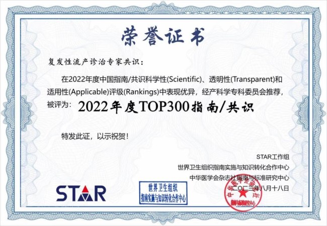 张建平教授执笔的《复发性流产诊治的专家共识》获评“2022年度TOP 300指南/共识”