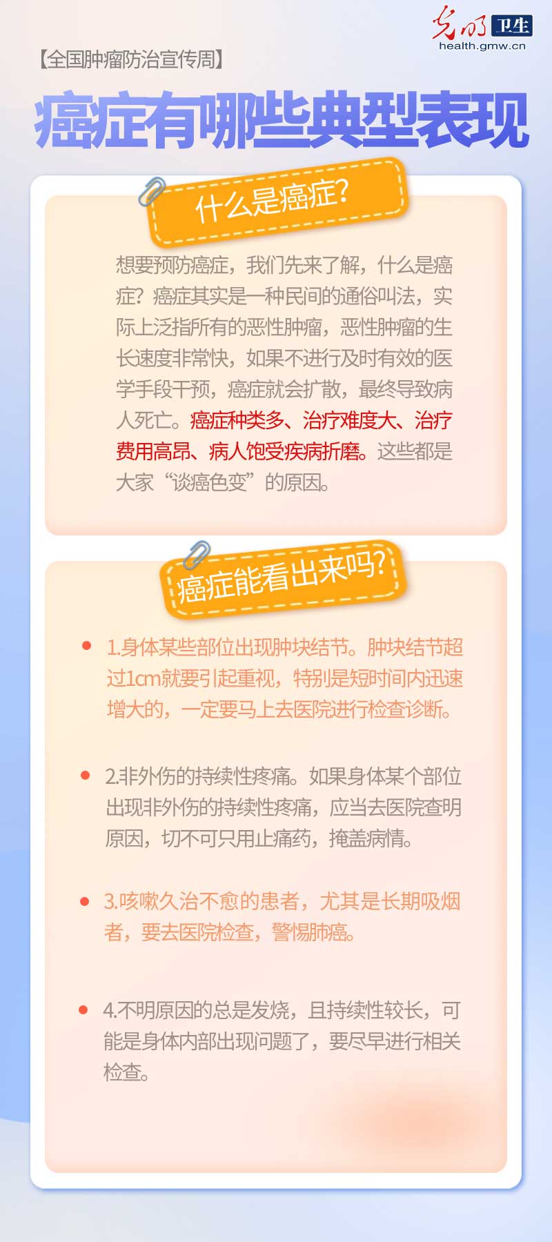 【科普海报】全国肿瘤防治宣传周｜癌症的8种典型表现 一旦出现，要高度重视