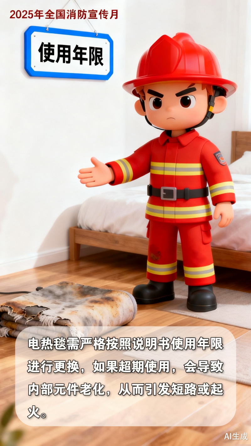 【冬季安全警示录·AI海报】隐藏在卧室里的火灾隐患,电热毯安全使用指南