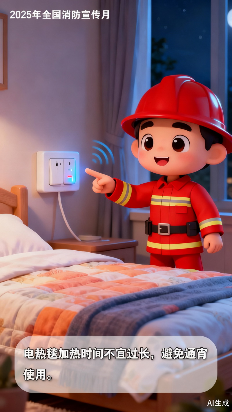 【冬季安全警示录·AI海报】隐藏在卧室里的火灾隐患,电热毯安全使用指南