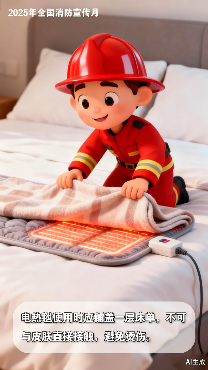 【冬季安全警示录·AI海报】隐藏在卧室里的火灾隐患,电热毯安全使用指南