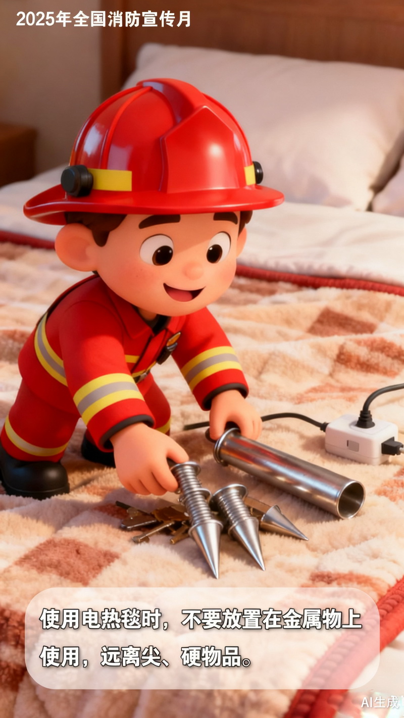 【冬季安全警示录·AI海报】隐藏在卧室里的火灾隐患,电热毯安全使用指南