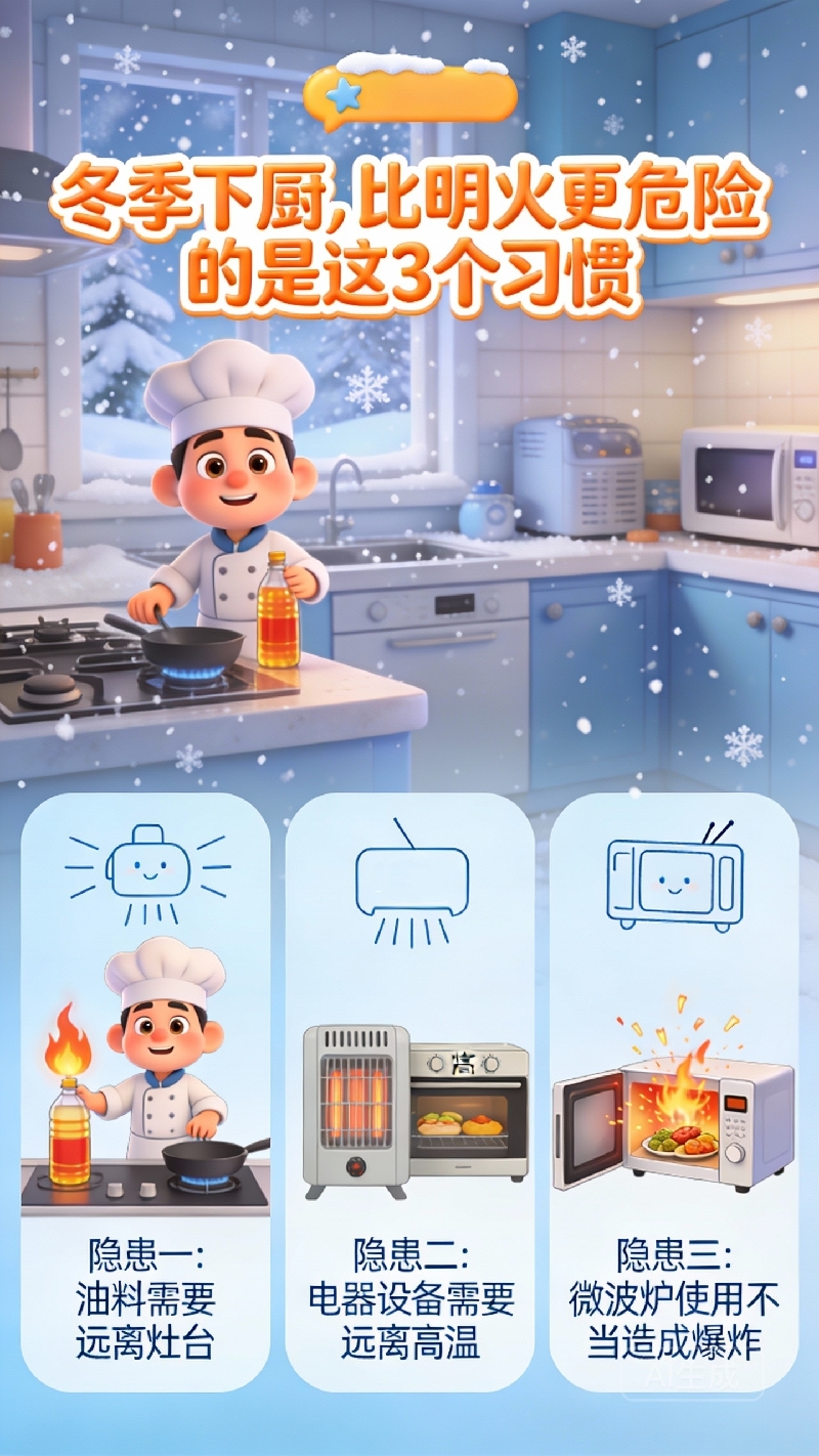 【冬季安全警示录·AI科普】冬季下厨，比明火更危险的是这3个习惯