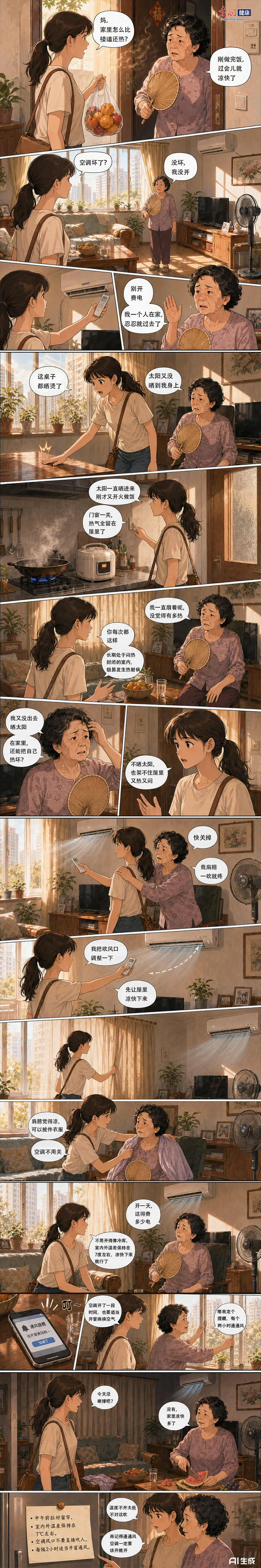 AI漫画丨老人居家防暑：警惕室内热射病