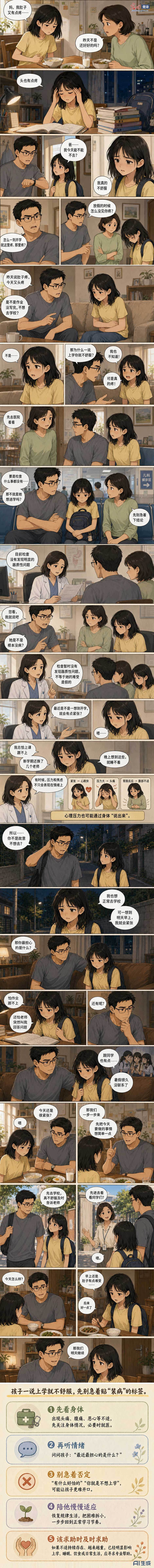 AI漫画丨开学前反复身体不适，家长该如何判断和应对