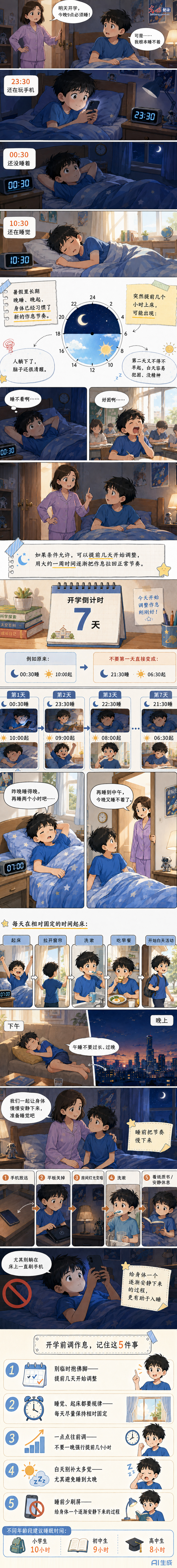 AI漫画丨暑假作息不规律，开学前如何恢复规律睡眠