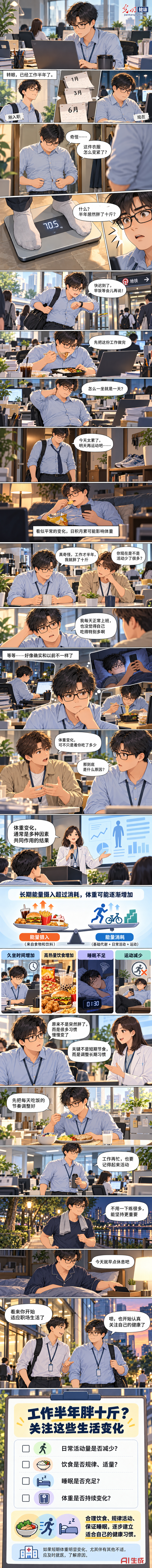 【AI漫画丨青年成长健康指南】工作半年胖十斤 新入职场要警惕这些身体变化