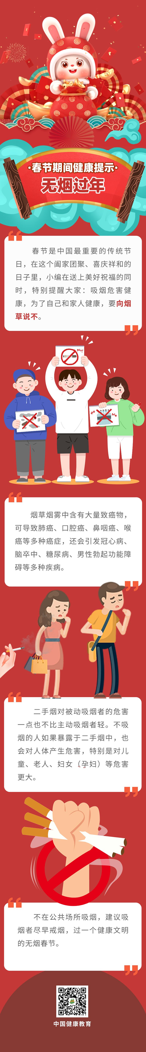 “健康生活 欢度春节”兔年海报|春节期间健康提示：无烟过年
