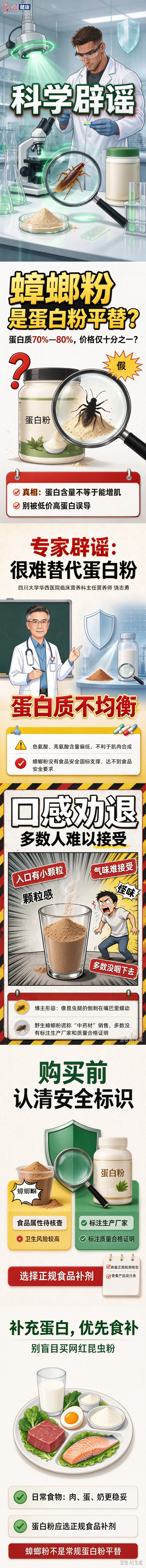 【辟谣科普海报】健身圈热议的蛋白粉平替，网红“蟑螂粉”可以放心吃吗